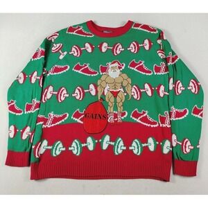 33 Degrees Sweater‎ Mens Large Green Ugly Christmas Muscle Santa Gains Gym Funny